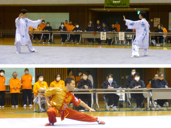 ペア総合太極拳１位の佐野、井上組（上）、国スポ　少年男子国際第一套路長拳１位の杉山奏太選手（下）