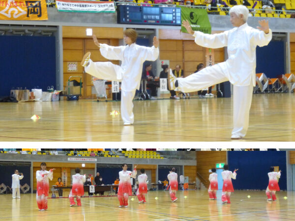 24式太極拳の部１位の増田洋子さん（写真上左）、各チーム日々の成果を発揮した（下）